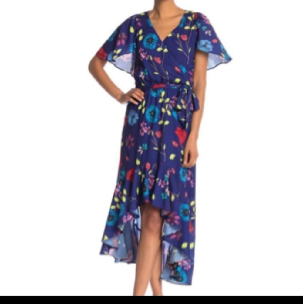 PARKER Women's Blue Valencia Eclipse Floral High-Low Surplice Ruffle Dress SZ M